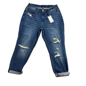 New Judy Blue Mid-Rise Boyfriend Thermal Patch Women’s Distressed Jeans Sz 14w